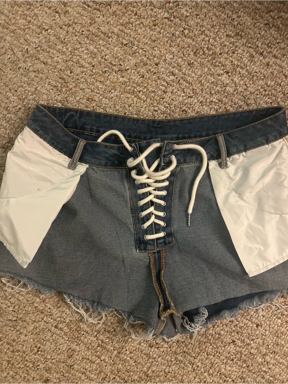 SHEIN Blue Denim Lace-Up Shorts with White Side Panels